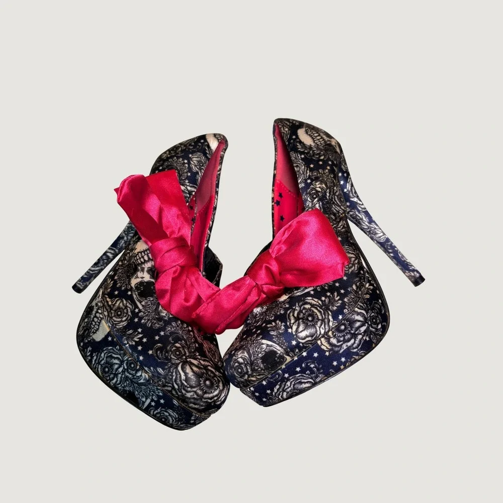 Y2K Iron Fist Floral Skull Print Platform Scene Pumps Bow Stiletto Heels